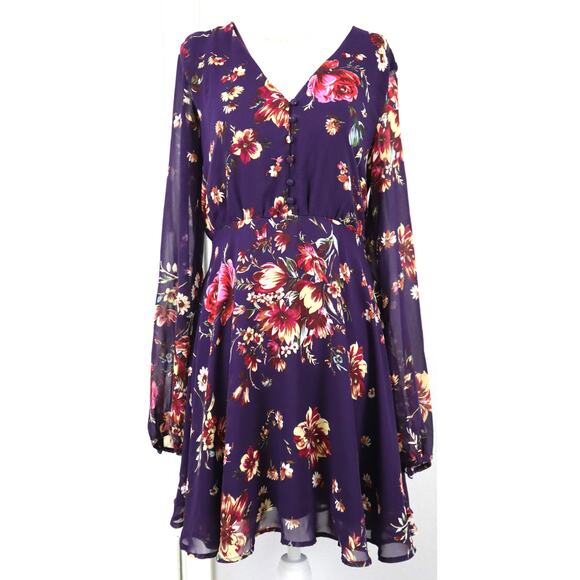 Lulus Purple Floral Short Dress Long Sleeves Fit and Flare Roses Tie Bow Medium - Picture 8 of 8